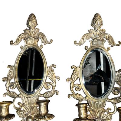 Solid Brass Art Nouveau Mirrored Sconces with Candleholders, c. 1920 - Set of 2
