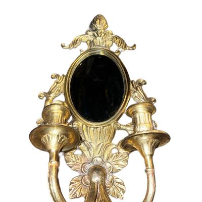 Solid Brass Art Nouveau Mirrored Sconces with Candleholders, c. 1920 - Set of 2