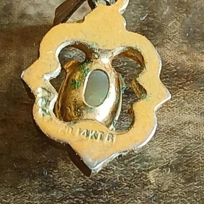 Wooden box with a clock in globe and contents of wood box - Elk pins, Jewelry 14k pendant, and more