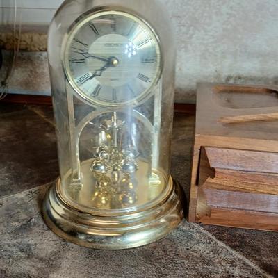 Wooden box with a clock in globe and contents of wood box - Elk pins, Jewelry 14k pendant, and more
