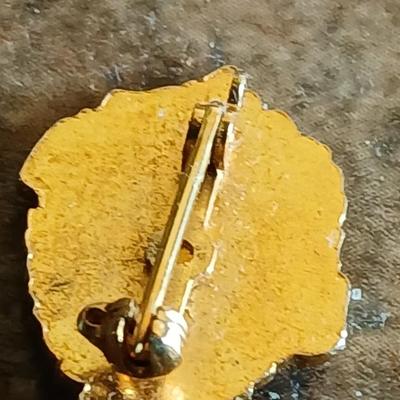 Wooden box with a clock in globe and contents of wood box - Elk pins, Jewelry 14k pendant, and more