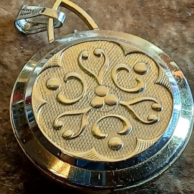 Wooden box with a clock in globe and contents of wood box - Elk pins, Jewelry 14k pendant, and more