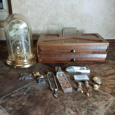 Wooden box with a clock in globe and contents of wood box - Elk pins, Jewelry 14k pendant, and more