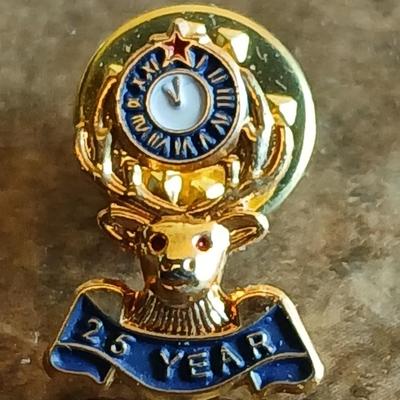 Wooden box with a clock in globe and contents of wood box - Elk pins, Jewelry 14k pendant, and more
