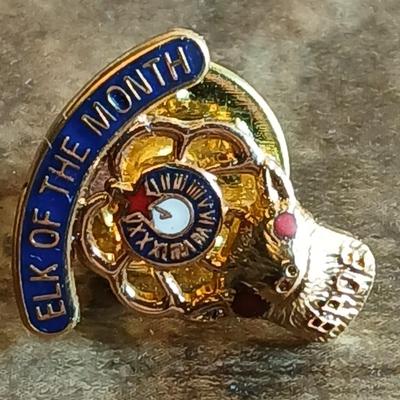 Wooden box with a clock in globe and contents of wood box - Elk pins, Jewelry 14k pendant, and more