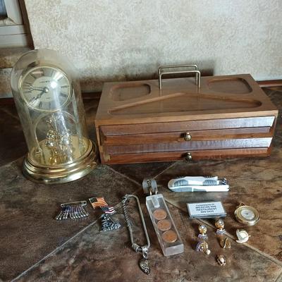 Wooden box with a clock in globe and contents of wood box - Elk pins, Jewelry 14k pendant, and more