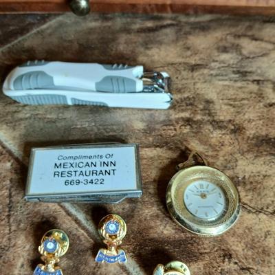 Wooden box with a clock in globe and contents of wood box - Elk pins, Jewelry 14k pendant, and more