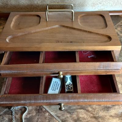 Wooden box with a clock in globe and contents of wood box - Elk pins, Jewelry 14k pendant, and more