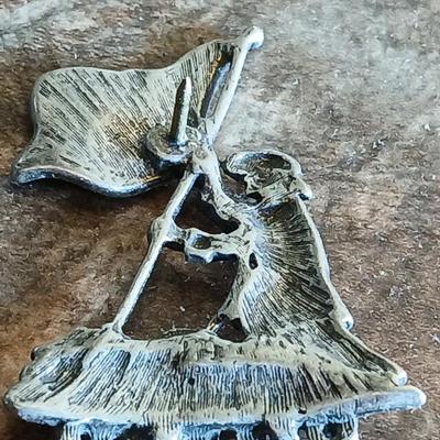 Wooden box with a clock in globe and contents of wood box - Elk pins, Jewelry 14k pendant, and more