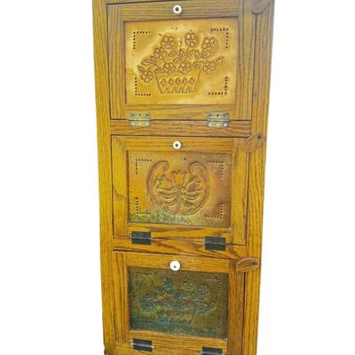 Mid-1800’s Wooden Pie Safe with 3 Hand Chased Latched Copper Doors