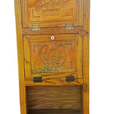 Mid-1800’s Wooden Pie Safe with 3 Hand Chased Latched Copper Doors