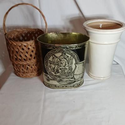 Large ceramic vase, Metal trashcan and a wicker basket