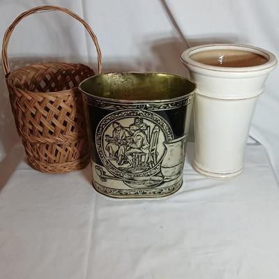 Large ceramic vase, Metal trashcan and a wicker basket
