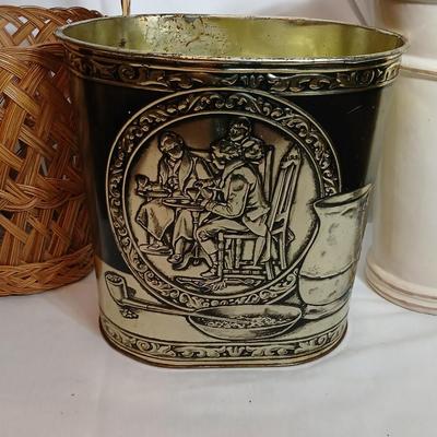 Large ceramic vase, Metal trashcan and a wicker basket