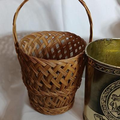 Large ceramic vase, Metal trashcan and a wicker basket