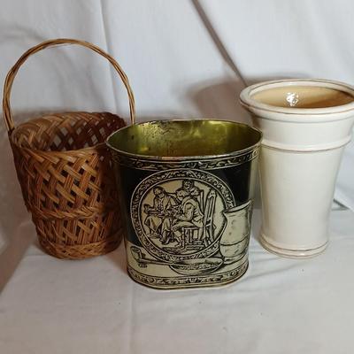Large ceramic vase, Metal trashcan and a wicker basket