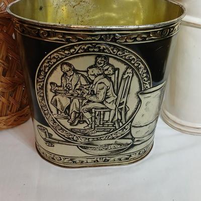 Large ceramic vase, Metal trashcan and a wicker basket