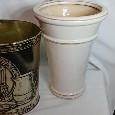 Large ceramic vase, Metal trashcan and a wicker basket