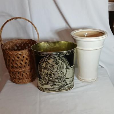 Large ceramic vase, Metal trashcan and a wicker basket