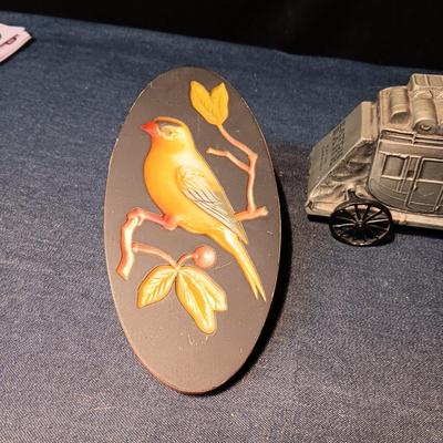 "JUST KIDS" BY INARCO, EATON BANK DIE-CAST BANK & CHALKWARE BIRD WALL HANGING