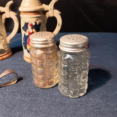 SALT & PEPPER SHAKERS PLUS A SILVER PLATED SPOON