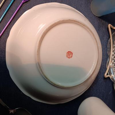 MISC SERVING DISHES, MILK GLASS VASE, TIN STIR STICKS AND MORE