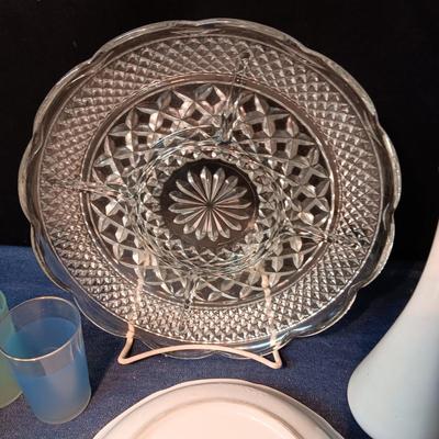 MISC SERVING DISHES, MILK GLASS VASE, TIN STIR STICKS AND MORE