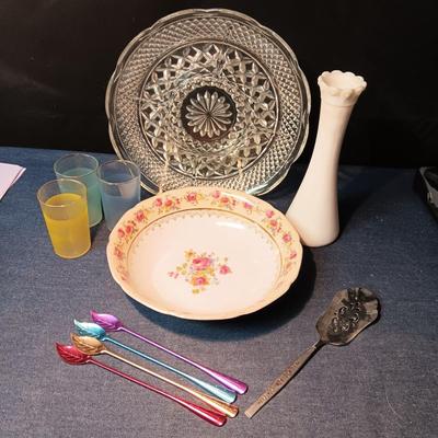 MISC SERVING DISHES, MILK GLASS VASE, TIN STIR STICKS AND MORE