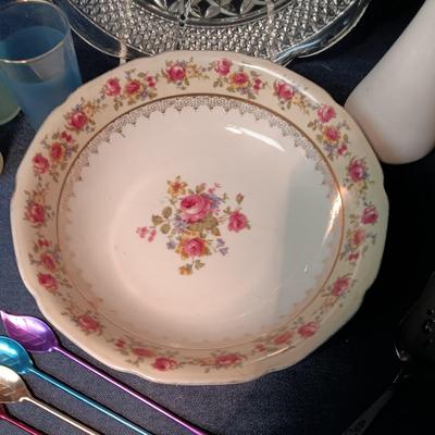 MISC SERVING DISHES, MILK GLASS VASE, TIN STIR STICKS AND MORE