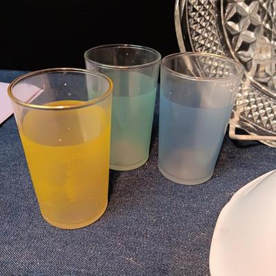 MISC SERVING DISHES, MILK GLASS VASE, TIN STIR STICKS AND MORE