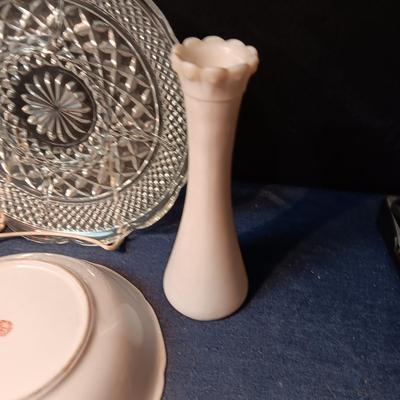 MISC SERVING DISHES, MILK GLASS VASE, TIN STIR STICKS AND MORE