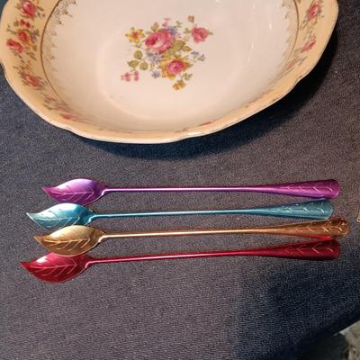 MISC SERVING DISHES, MILK GLASS VASE, TIN STIR STICKS AND MORE