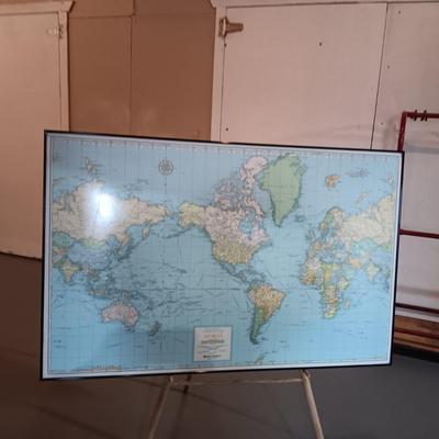 LARGE FRAMED WORLD MAP WITH EASEL