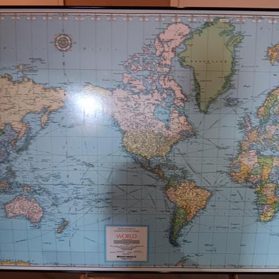LARGE FRAMED WORLD MAP WITH EASEL