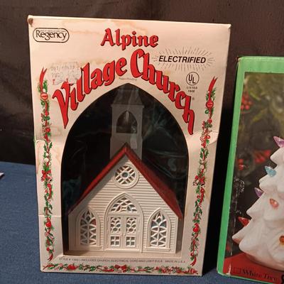ALPINE VILLAGE LIGHTED CHURCH AND CERAMIC CHRISTMAS TREE