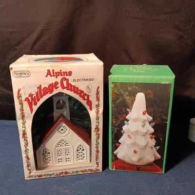 ALPINE VILLAGE LIGHTED CHURCH AND CERAMIC CHRISTMAS TREE