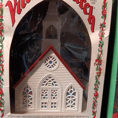 ALPINE VILLAGE LIGHTED CHURCH AND CERAMIC CHRISTMAS TREE