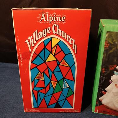 ALPINE VILLAGE LIGHTED CHURCH AND CERAMIC CHRISTMAS TREE