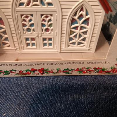 ALPINE VILLAGE LIGHTED CHURCH AND CERAMIC CHRISTMAS TREE