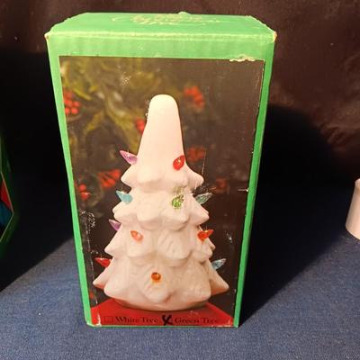 ALPINE VILLAGE LIGHTED CHURCH AND CERAMIC CHRISTMAS TREE