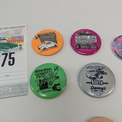 Car Show Street Rod Button Pin Lot & Rallye Productions Dash Plaque Mini