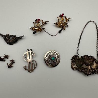 Various Sterling Brooches, Pins, Money Clip, Etc.