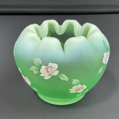 -5- FENTON | Hand Painted Diamond Optic Opalescent Statin Rose Bowl | Signed By Nancy Fenton