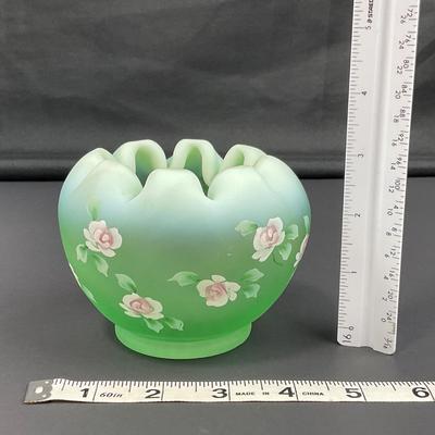 -5- FENTON | Hand Painted Diamond Optic Opalescent Statin Rose Bowl | Signed By Nancy Fenton