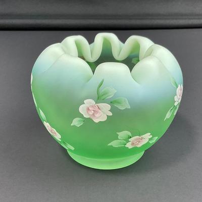 -5- FENTON | Hand Painted Diamond Optic Opalescent Statin Rose Bowl | Signed By Nancy Fenton