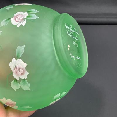 -5- FENTON | Hand Painted Diamond Optic Opalescent Statin Rose Bowl | Signed By Nancy Fenton