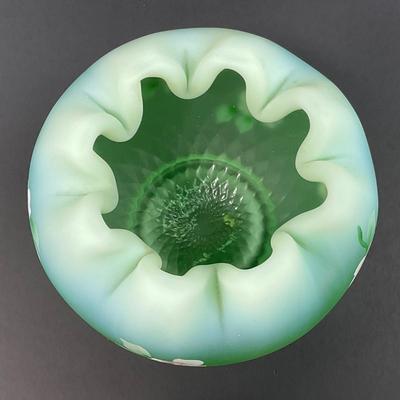 -5- FENTON | Hand Painted Diamond Optic Opalescent Statin Rose Bowl | Signed By Nancy Fenton
