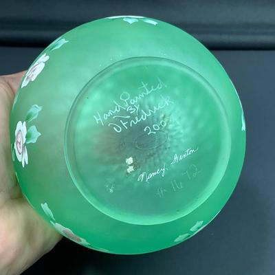-5- FENTON | Hand Painted Diamond Optic Opalescent Statin Rose Bowl | Signed By Nancy Fenton