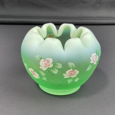 -5- FENTON | Hand Painted Diamond Optic Opalescent Statin Rose Bowl | Signed By Nancy Fenton