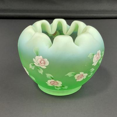 -5- FENTON | Hand Painted Diamond Optic Opalescent Statin Rose Bowl | Signed By Nancy Fenton